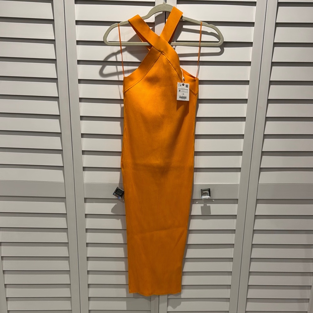 Zara NWT Orange ribbed Halter Sheath Midi Dress, very stretchy. - Picture 2 of 7